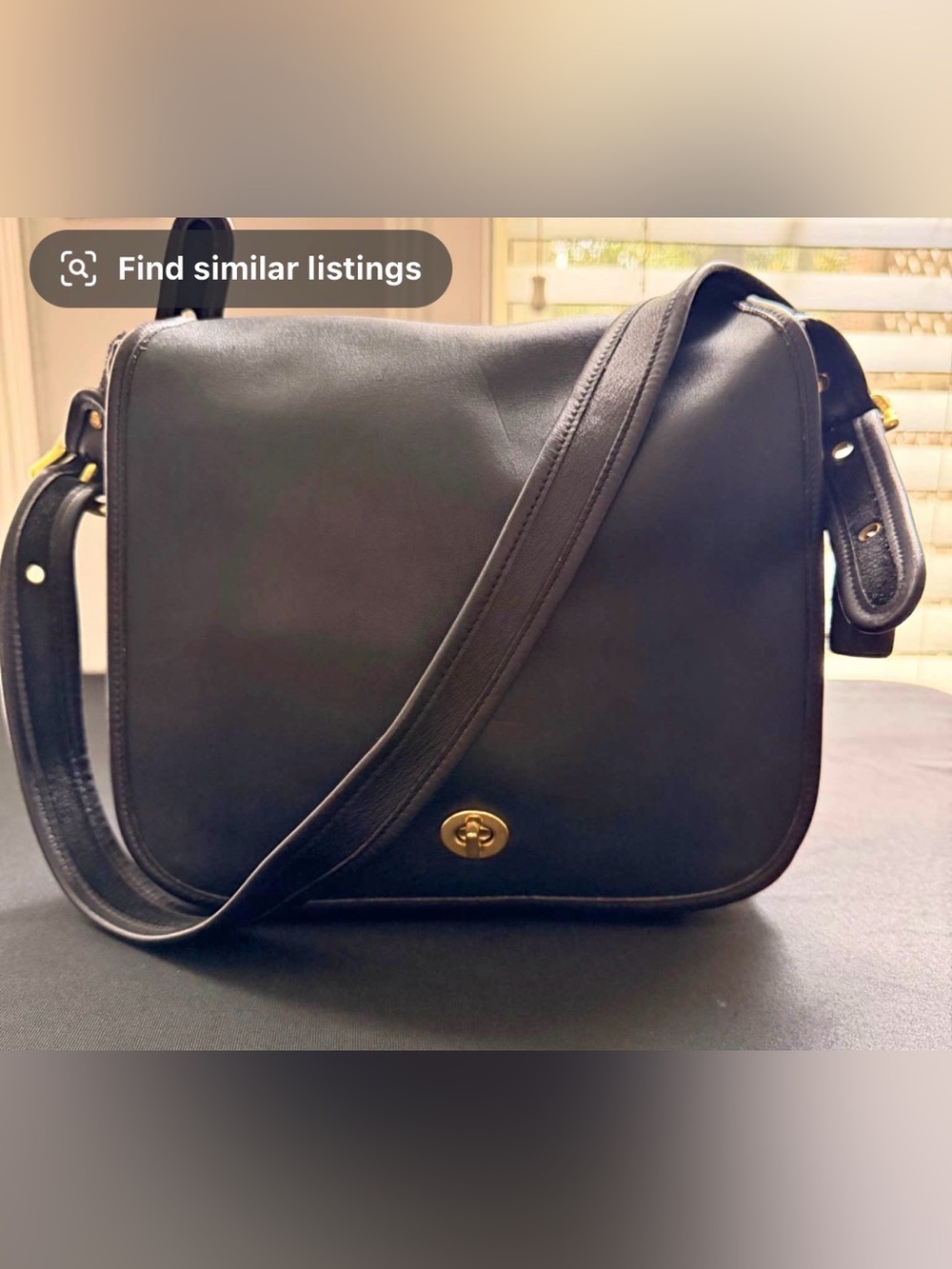 Vintage Coach Stewardess Black Leather Messenger Bag with Gold Turn Lock